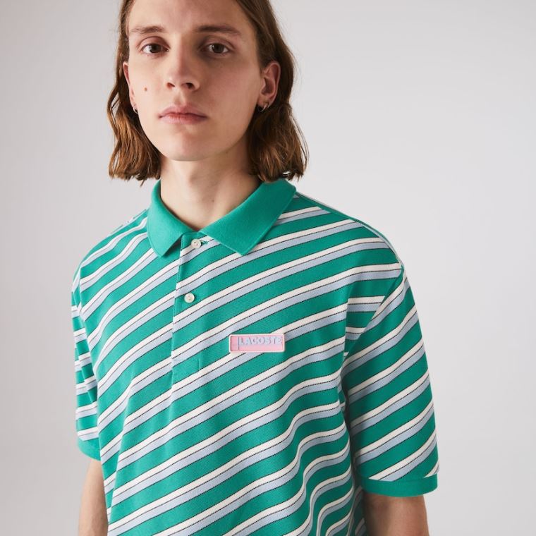 Lacoste LIVE Striped Pamut Piqué Polo Shirt Zöld Fehér | 6RJLmXj0