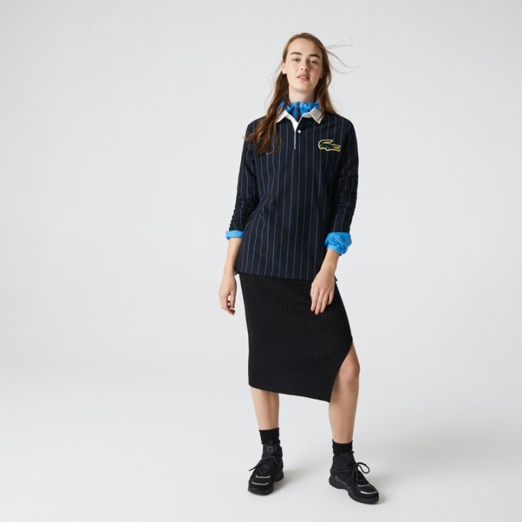 Lacoste LIVE Striped Pamut Polo Shirt Fekete Kék | M3yqc4hZ