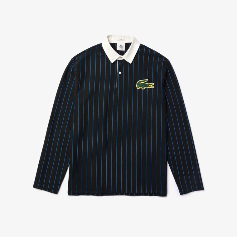 Lacoste LIVE Striped Pamut Polo Shirt Fekete Kék | M3yqc4hZ