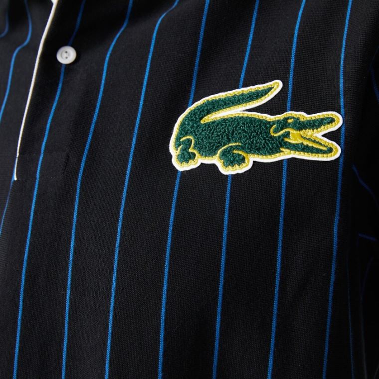 Lacoste LIVE Striped Pamut Polo Shirt Fekete Kék | M3yqc4hZ