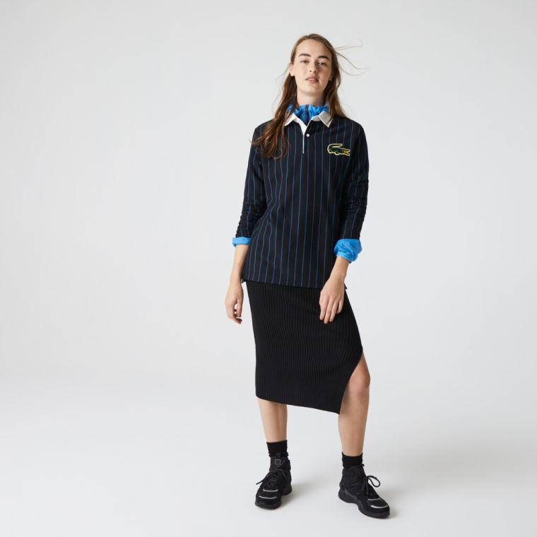 Lacoste LIVE Striped Pamut Polo Shirt Fekete Kék | NukJqOR1