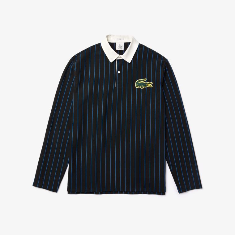 Lacoste LIVE Striped Pamut Polo Shirt Fekete Kék | NukJqOR1