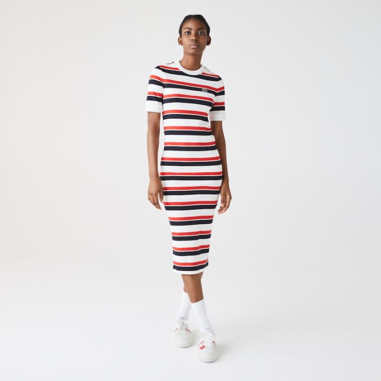 Lacoste LIVE Striped Pamut Ribbed T-Shirt Ruha Fehér Sötétkék Kék Piros | 76GEWq9j