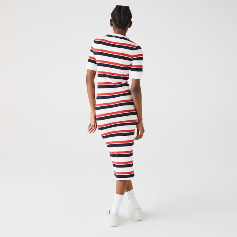 Lacoste LIVE Striped Pamut Ribbed T-Shirt Ruha Fehér Sötétkék Kék Piros | 76GEWq9j