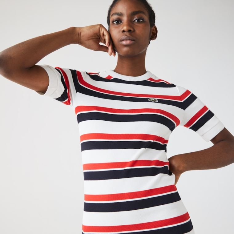 Lacoste LIVE Striped Pamut Ribbed T-Shirt Ruha Fehér Sötétkék Kék Piros | 76GEWq9j