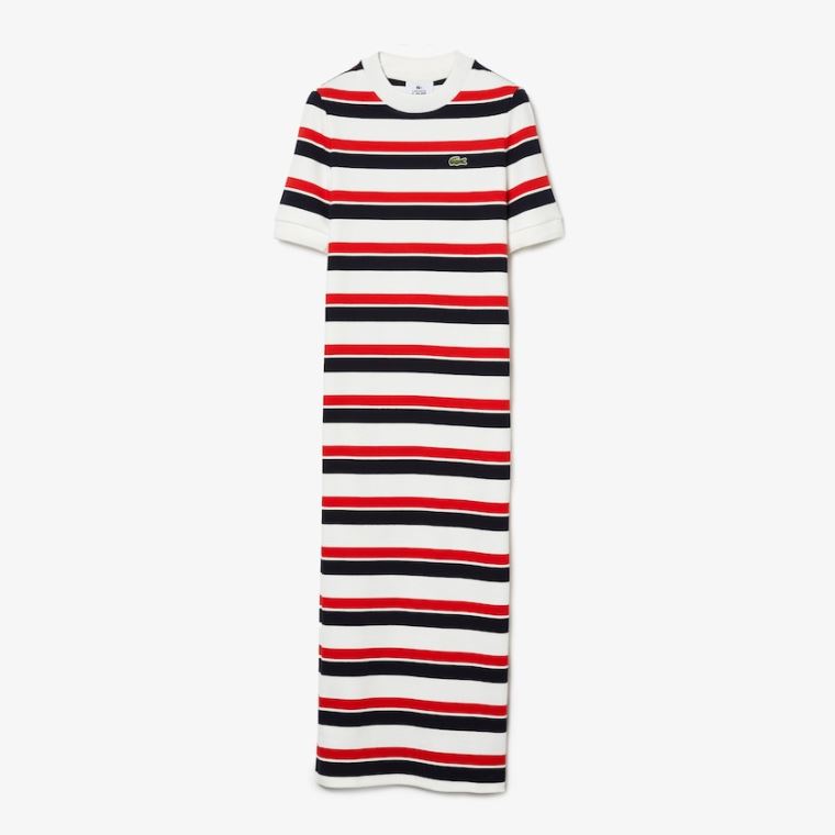 Lacoste LIVE Striped Pamut Ribbed T-Shirt Ruha Fehér Sötétkék Kék Piros | 76GEWq9j