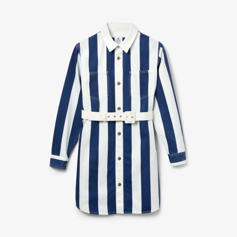 Lacoste LIVE Striped Pamut Shirtdress Fehér Sötétkék Kék | dJ58As2A