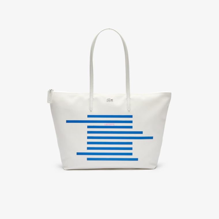 Lacoste L.12.12 Nautical Stripes Large Coated Vászon Tote Bag Fehér Kék | exxyXKjY