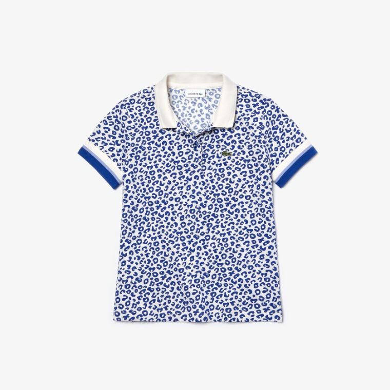 Lacoste Leopard Print Pamut Petit Piqué Polo Fehér Kék | 3XL9H1cu