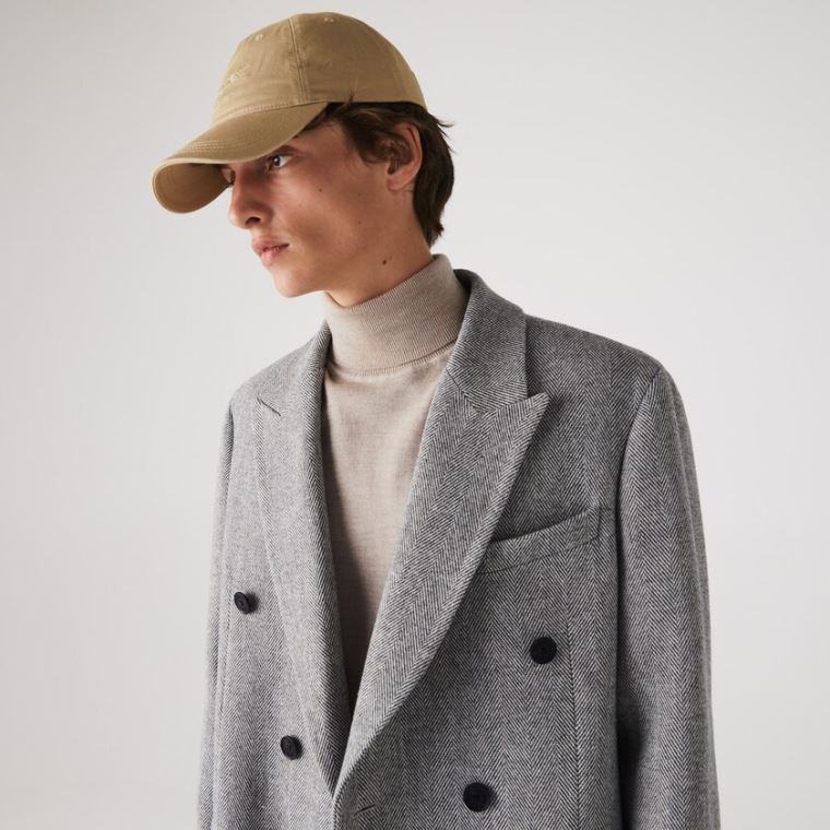 Lacoste Long Double-Breasted Herringbone Wool Coat Fehér Szürke | S3DyQFTv