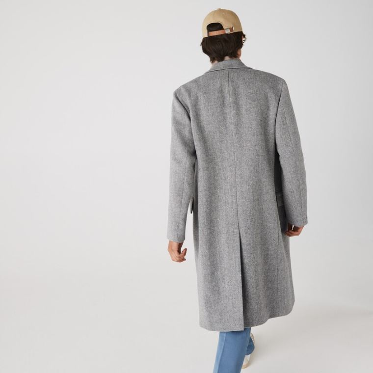 Lacoste Long Double-Breasted Herringbone Wool Coat Fehér Szürke | S3DyQFTv