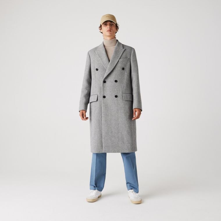 Lacoste Long Double-Breasted Herringbone Wool Coat Fehér Szürke | S3DyQFTv