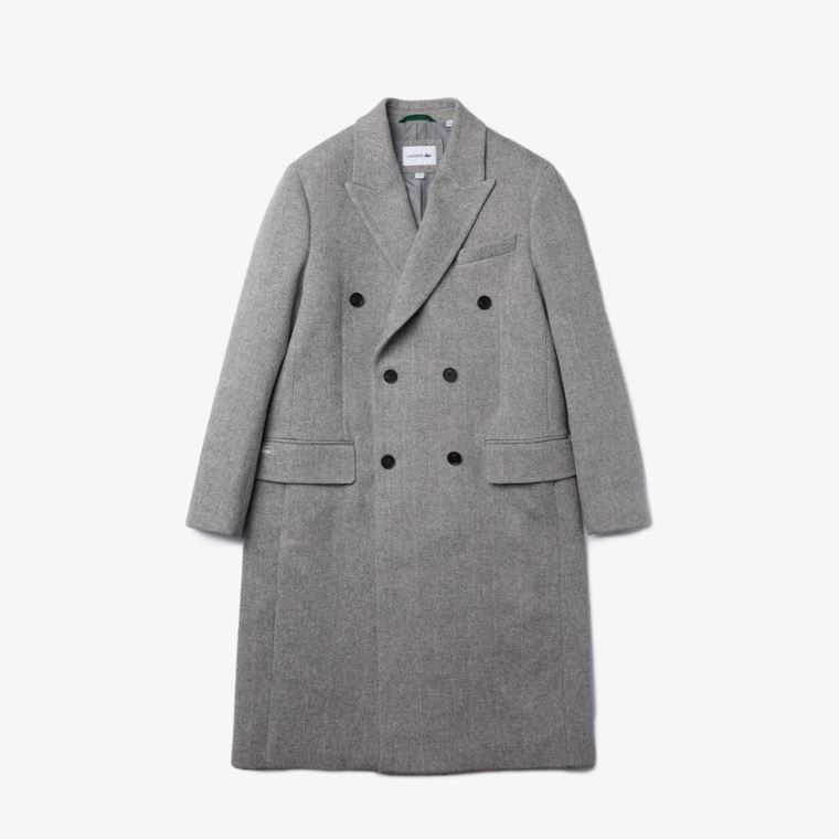 Lacoste Long Double-Breasted Herringbone Wool Coat Fehér Szürke | S3DyQFTv