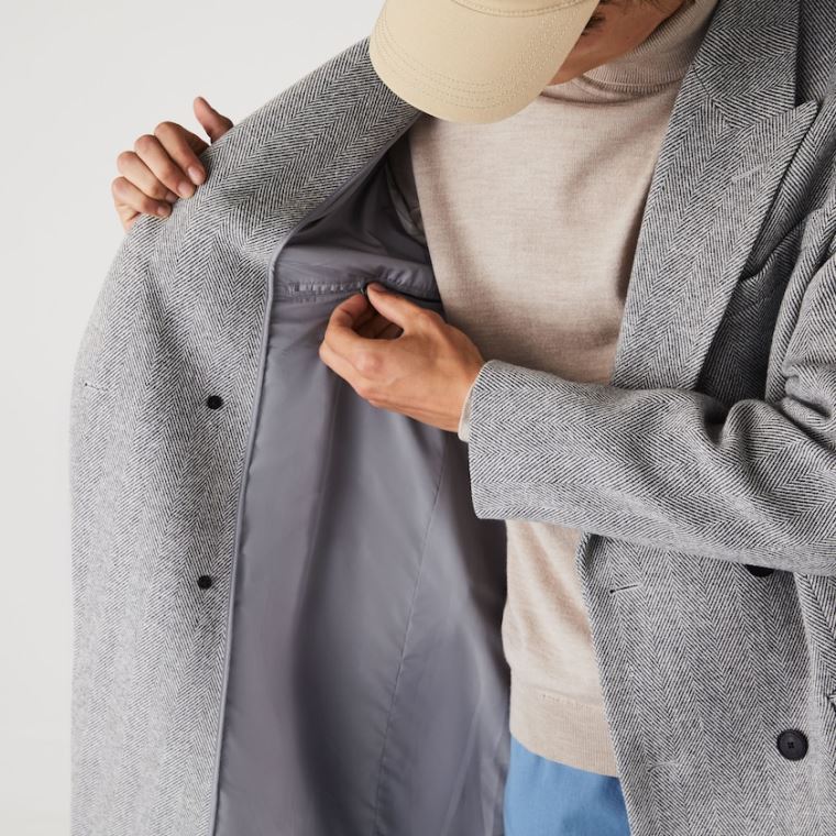 Lacoste Long Double-Breasted Herringbone Wool Coat Fehér Szürke | S3DyQFTv