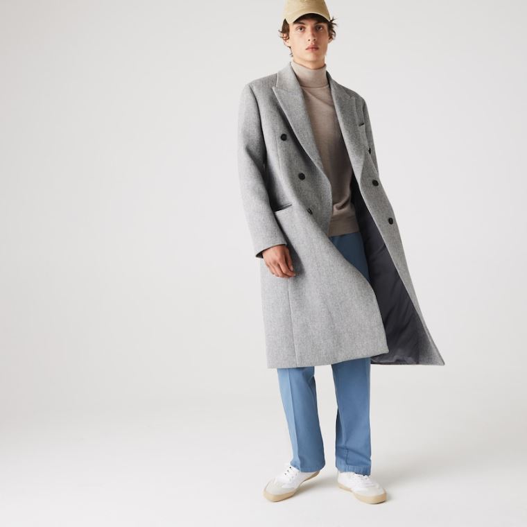 Lacoste Long Double-Breasted Herringbone Wool Coat Fehér Szürke | S3DyQFTv