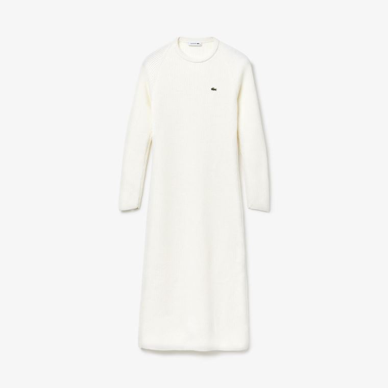 Lacoste Long Ribbed Wool Blend Pulóver Ruha Fehér | QB6uAYZA