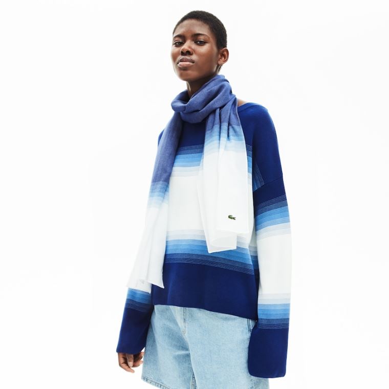 Lacoste Made In France Gradated Print Organic Pamut Scarf Fehér Sötétkék Kék | wevZpoAY