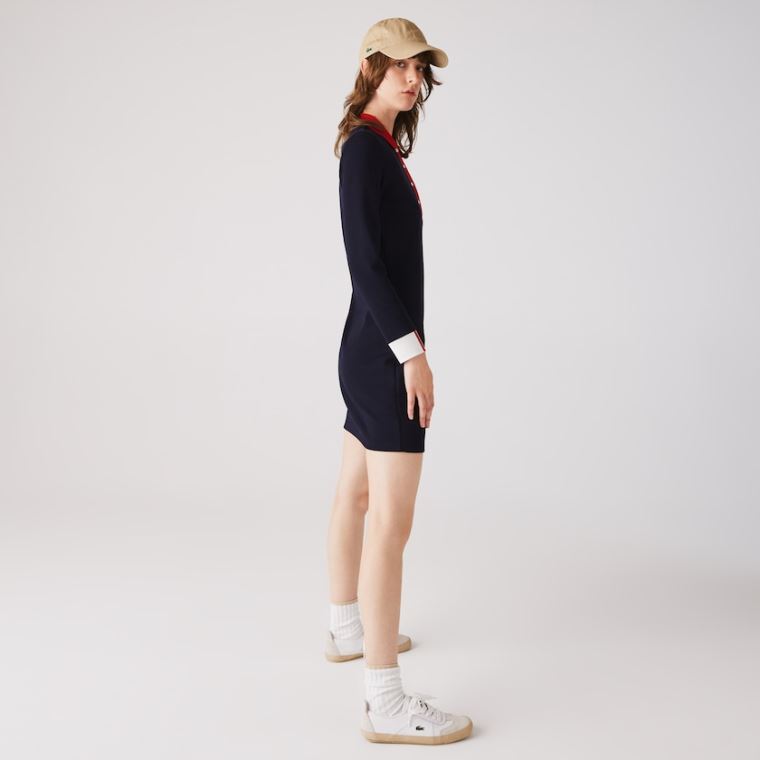 Lacoste Made In France Stretch Pamut Jersey Polo Ruha Sötétkék Kék Piros Fehér | Vss4x0ro