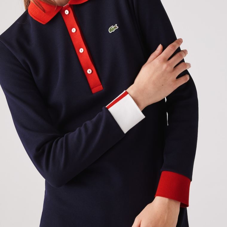 Lacoste Made In France Stretch Pamut Jersey Polo Ruha Sötétkék Kék Piros Fehér | Vss4x0ro