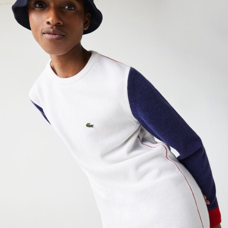 Lacoste Made In France Tricolour Wool Pulóver Ruha Fehér Kék Piros | Sq0XvLPu