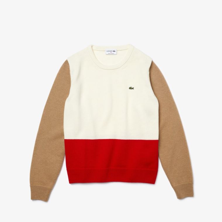 Lacoste Made in France Crew Neck Colourblock Wool Pulóver Piros Fehér Bézs | ZnD65nnI