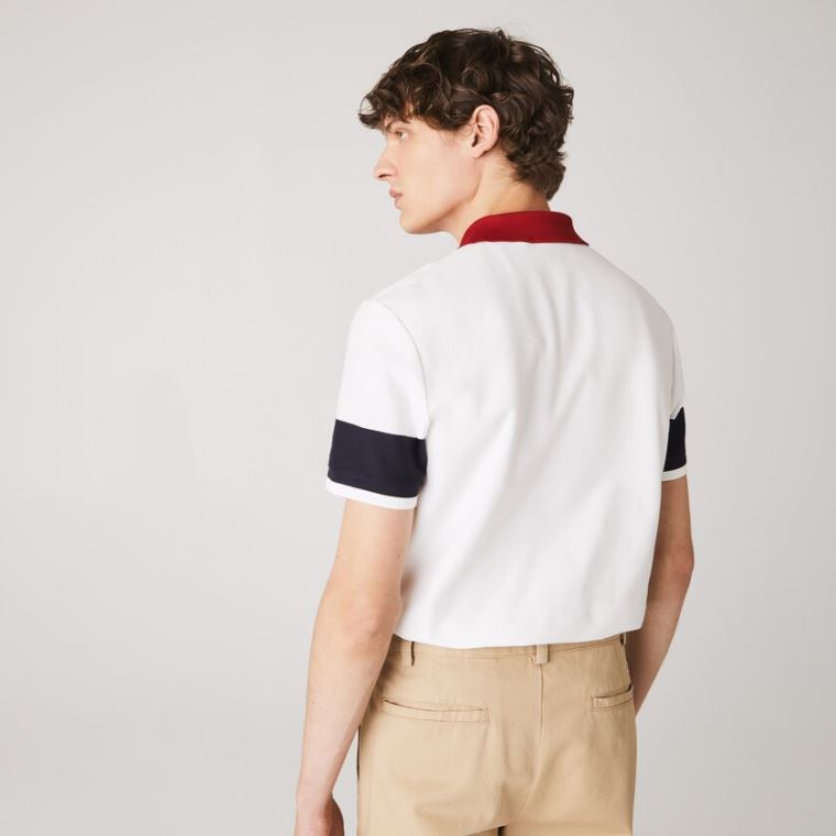 Lacoste Made in France Regular Fit Organic Pamut Polo Shirt Fehér Sötétkék Kék Sötétpiros Fehér | hWI9VPGd