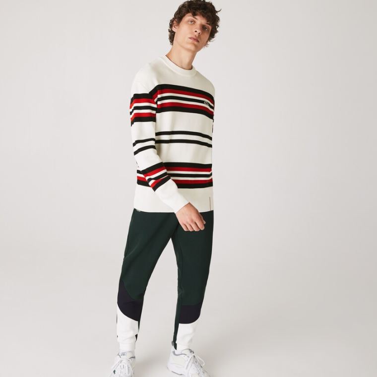 Lacoste Made in France Striped Organic Pamut Crew Neck Pulóver Fehér Sötétkék Kék Piros | aV3xij0U