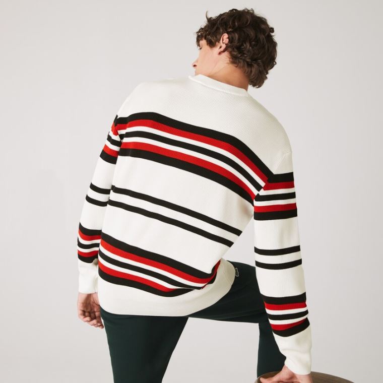 Lacoste Made in France Striped Organic Pamut Crew Neck Pulóver Fehér Sötétkék Kék Piros | aV3xij0U