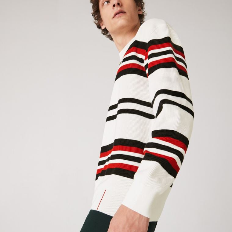 Lacoste Made in France Striped Organic Pamut Crew Neck Pulóver Fehér Sötétkék Kék Piros | aV3xij0U