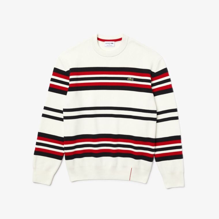 Lacoste Made in France Striped Organic Pamut Crew Neck Pulóver Fehér Sötétkék Kék Piros | aV3xij0U