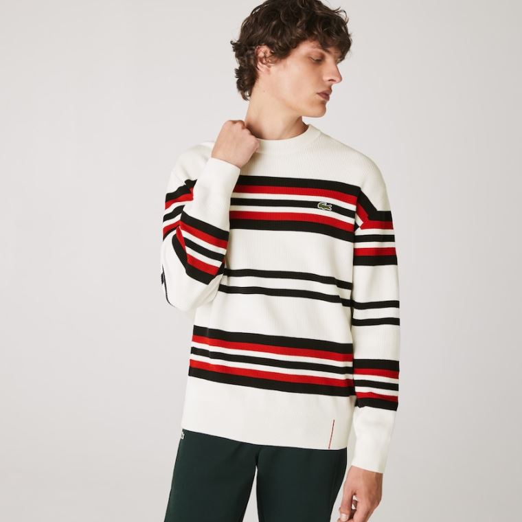 Lacoste Made in France Striped Organic Pamut Crew Neck Pulóver Fehér Sötétkék Kék Piros | aV3xij0U