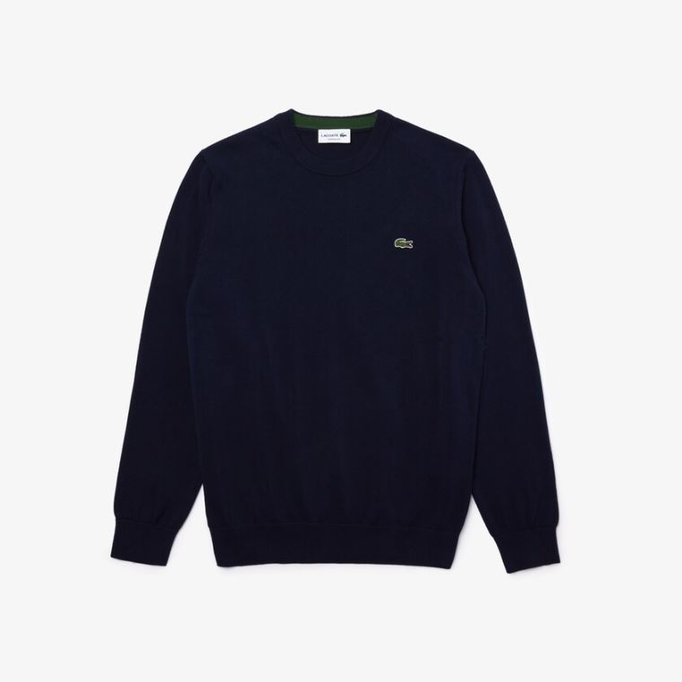 Lacoste Organic Pamut Crew Neck Pulóver Sötétkék Kék | 2ZBUBizv