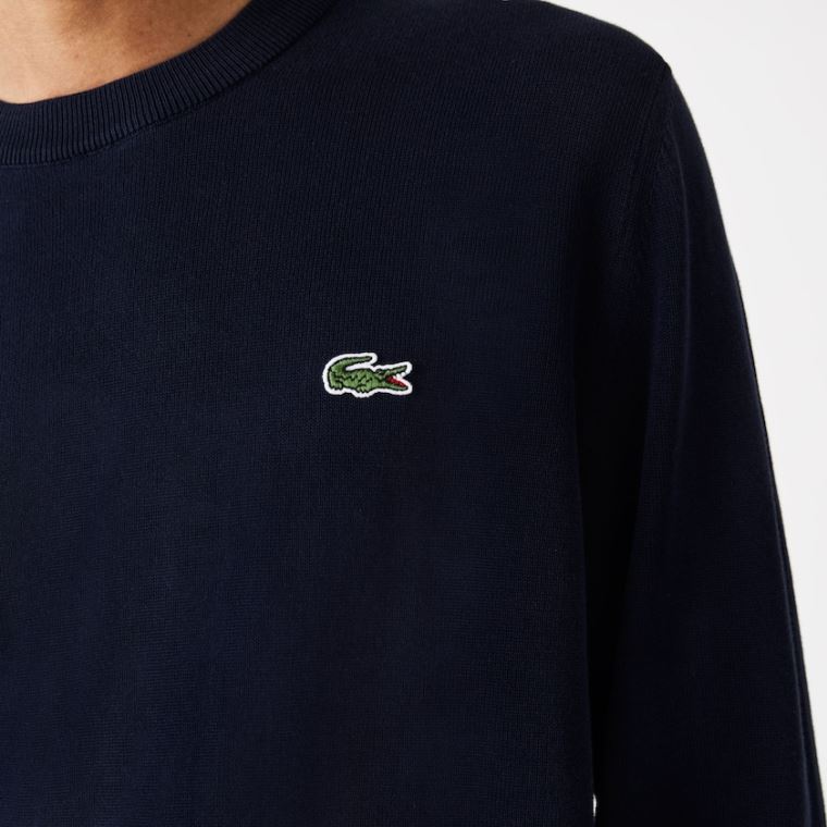 Lacoste Organic Pamut Crew Neck Pulóver Sötétkék Kék | 2ZBUBizv