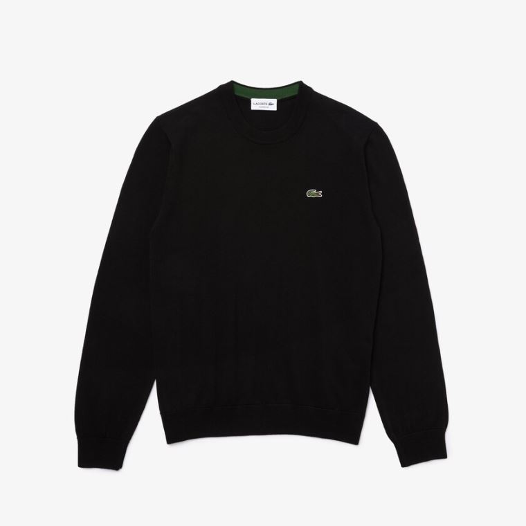 Lacoste Organic Pamut Crew Neck Pulóver Fekete | lMiWBApB