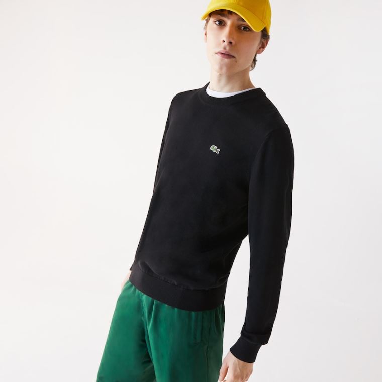 Lacoste Organic Pamut Crew Neck Pulóver Fekete | lMiWBApB