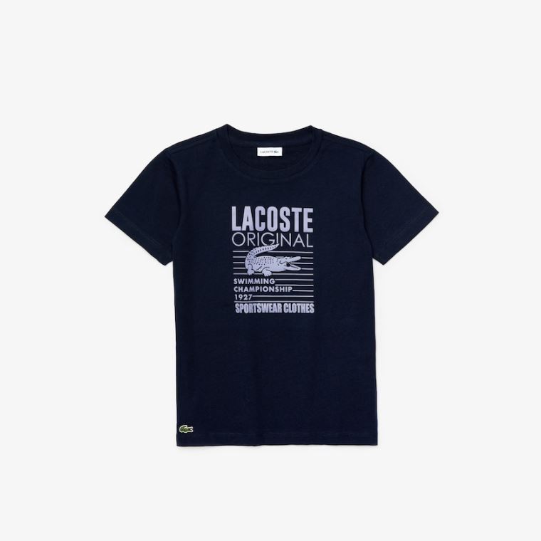 Lacoste Original 1927 Print Pamut T-Shirt Sötétkék Kék Lila | rZfwa53c