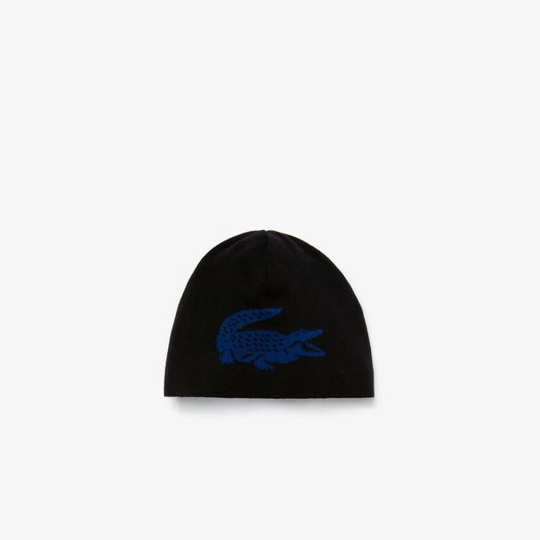 Lacoste Oversized Contrast Crocodile Reversible Wool Beanie Fekete Kék | 0hkSM1Ma