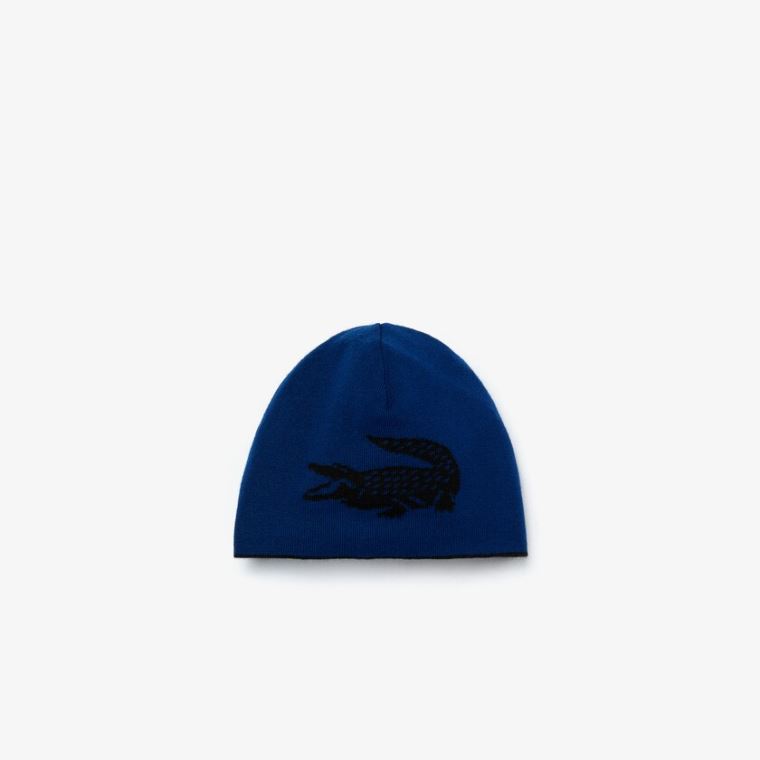 Lacoste Oversized Contrast Crocodile Reversible Wool Beanie Fekete Kék | 0hkSM1Ma