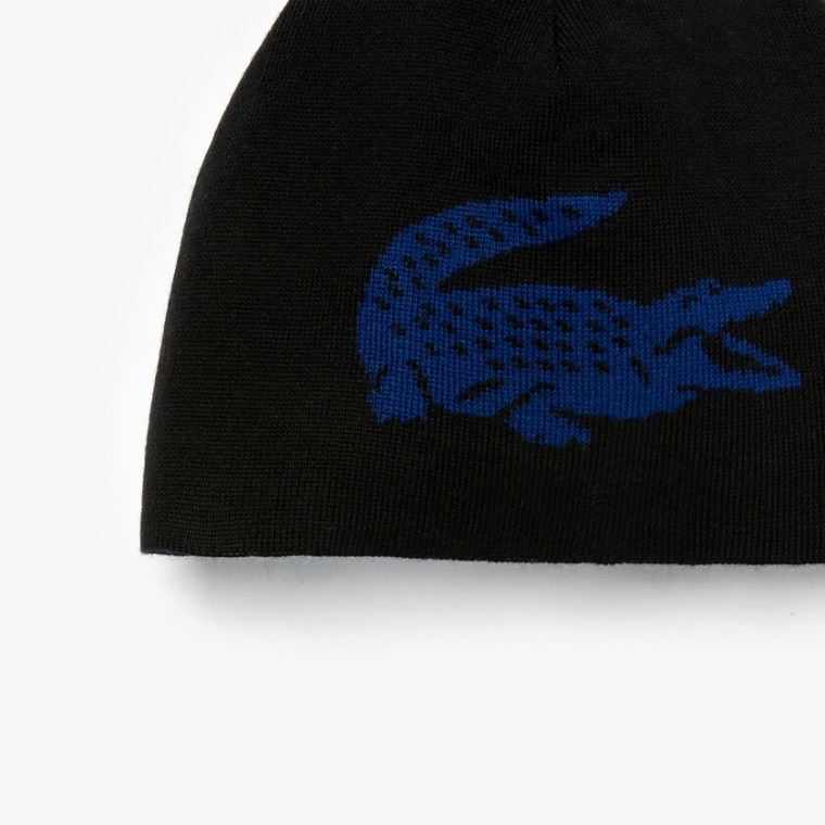 Lacoste Oversized Contrast Crocodile Reversible Wool Beanie Fekete Kék | 0hkSM1Ma