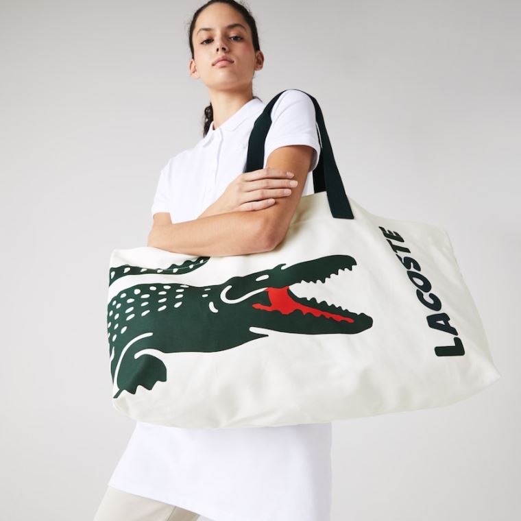 Lacoste Oversized Crocodile Print Pamut Large Tote Fehér | JO2xDqla