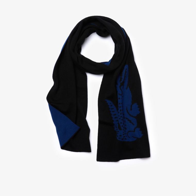 Lacoste Oversized Crocodile Rectangular Wool Scarf Fekete Kék | Dh1SfawZ