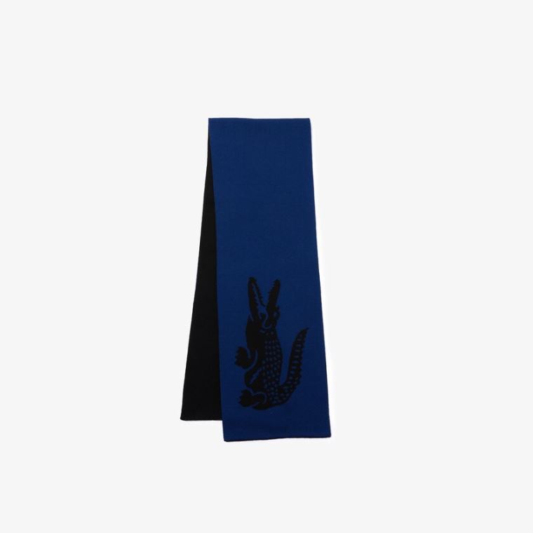 Lacoste Oversized Crocodile Rectangular Wool Scarf Fekete Kék | Dh1SfawZ