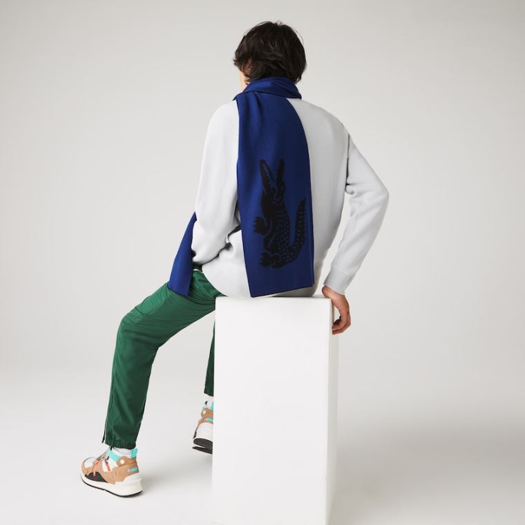 Lacoste Oversized Crocodile Rectangular Wool Scarf Fekete Kék | Dh1SfawZ