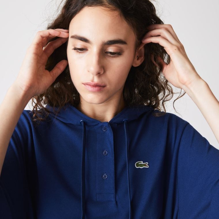 Lacoste Oversized Csuklyás Organic Pamut Piqué Polo Ruha Sötétkék Kék | KANoPnWv