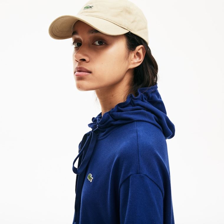 Lacoste Oversized Csuklyás Organic Pamut Piqué Polo Ruha Sötétkék Kék | KANoPnWv