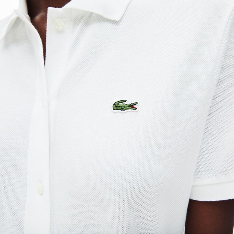 Lacoste Pamut Piqué Buttoned Polo Ruha Fehér | 4TEmkUj4