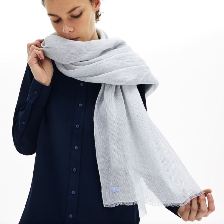 Lacoste Pinstriped Pamut-Linen Scarf Világos Kék Fehér Sötétkék Kék | Uz1XLLv2