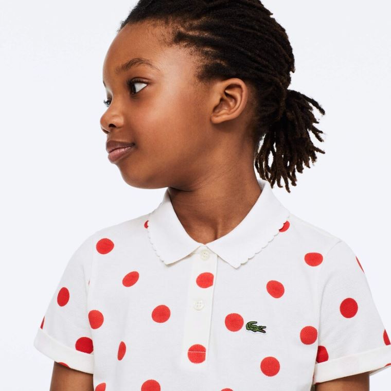 Lacoste Polka Dot Scalloped Collar Pamut Petit Piqué Polo Fehér Piros | AB6JH6Ae