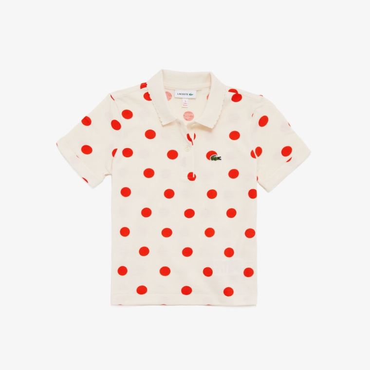 Lacoste Polka Dot Scalloped Collar Pamut Petit Piqué Polo Fehér Piros | AB6JH6Ae