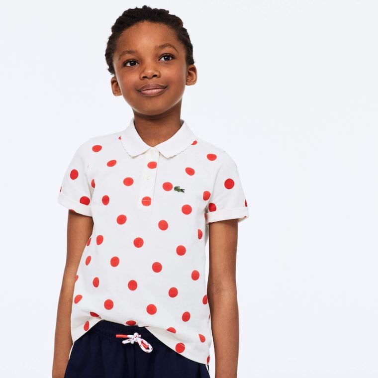 Lacoste Polka Dot Scalloped Collar Pamut Petit Piqué Polo Fehér Piros | AB6JH6Ae